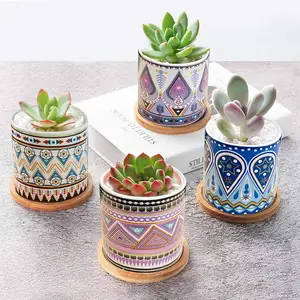 Piante grasse in ceramica in vaso stile nordico colorato motivo geometrico vaso di fiori Cactus pianta in vaso con vassoio di bambù