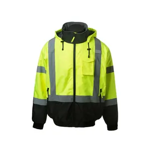 Hi-Vis เสื้อแจ็คเก็ตสะท้อนแสงสำหรับฤดูหนาว,เสื้อบอมเบอร์แจ็คเก็ตรักษาความปลอดภัยเคลือบด้วยหนัง PU ออกซ์ฟอร์ดกันน้ำได้