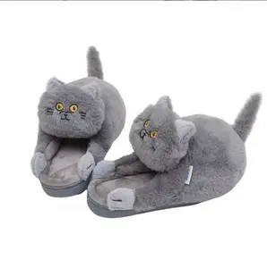 귀여운 포옹 고양이 슬리퍼 여성 남성 겨울 홈 슬라이드 Kawaii 바닥 신발 모피 고양이 슬리퍼