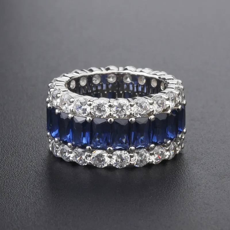 Anel de prata 925, joias de prata de mulheres personalizadas, azul, safira, eternidade, anel 18k, luxo, noivado 5a cz, esmeralda e diamante