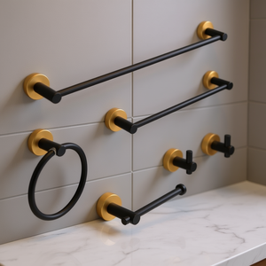 Ensemble d'accessoires de salle de bain 6 pièces, porte-serviettes mural de 24 pouces, finition noir mat doré, design moderne - Product Image 2