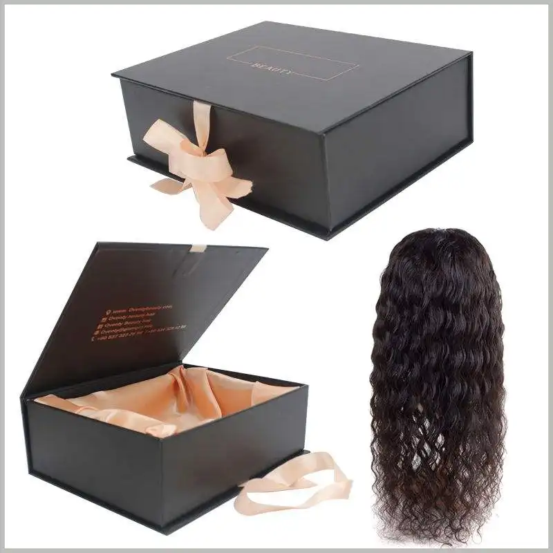 Embalaje de encaje de satén de oro rosa rectangular profundo grande de lujo Embalaje de Peluca de cabello humano personalizado Caja plegable peluca productos comerciales