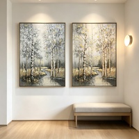 Peinture à l'huile sur toile représentant un paysage de forêt de bouleaux texturés, avec feuille d'or et d'argent, pour la décoration de la maison et des hôtels