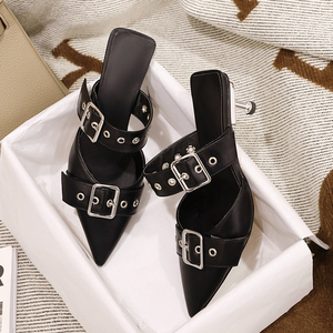 Mules à talons bas pour femme, grande taille 48, avec boucles métalliques, style stiletto, bout pointu, sandales d'été à coupe large - Product Image 5