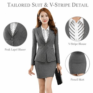 Costume <span class=keywords><strong>jupe</strong></span> gris pour femme, simple boutonnage, revers cranté, poches passepoilées, <span class=keywords><strong>jupe</strong></span> crayon texturée, idéal bureau et affaires, fabrication OEM ODM directe usine - Product Image 2