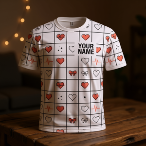 Maglietta Personalizzata Minimalista con Griglia e Cuore, Nome Personalizzato, Motivo EKG, Regalo di San Valentino Unisex, Stampa Integrale - Product Image 3