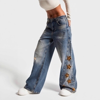 J327 Celana Jeans Denim Bordir Longgar Berpinggang Tinggi Trendy untuk Wanita Fashion Ukuran Besar Celana Denim Panjang Kasual Celana Wanita.