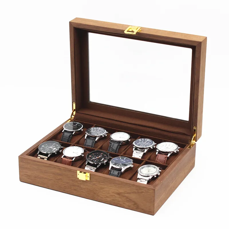 2021 Popular Luxury walnut wooden watch box with 10 slots for promotion gift grids watch display storage case china factory