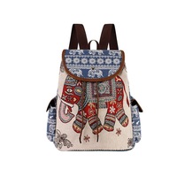 Sac à dos ethnique grande capacité pour femme, brodé éléphant et chat, en toile, fermeture éclair, 20-35L, idéal voyage