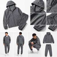 Ensemble de survêtement pour homme en polyester uni personnalisé avec fermeture éclair intégrale, doublure en maille nid d'abeille, cordon de serrage, coupe-vent en nylon, 2 pièces