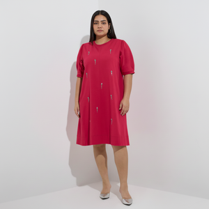 Vestido recto de algodón adornado con diamantes fucsia Gia - Product Image 1