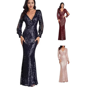 Vestido de noche de sirena con lentejuelas para mujer, manga larga, cuello en V, talla grande, vestido formal, varios colores - Product Image 1