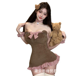 ชุดเดรสผ้ากำมะหยี่นุ่มและน่ารักสำหรับแม่บ้านผ้ากันเปื้อนเปลือยหลังน่ารักและเซ็กซี่กระโปรงรัดรูปไร้สายมีสายเอี๊ยม - Product Image 5