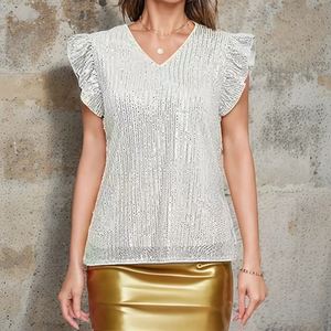 Blusa Elegante <span class=keywords><strong>de</strong></span> Fiesta con Lentejuelas Brillantes y Cuello en V con Volantes <span class=keywords><strong>para</strong></span> Mujer, Tendencia Verano 2025 - Product Image 4