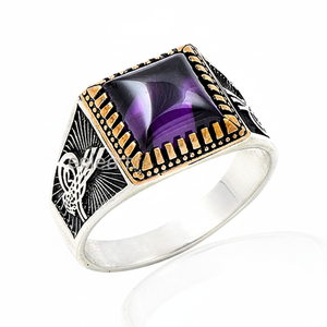 925K Sterling <b>Silver</b> Amethyst Ottoman Tugra <b>Men</b> <b>Ring</b> - Product Image 2