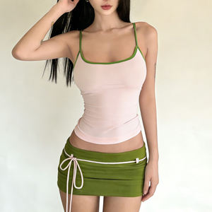 Ensemble deux pièces style vacances, couleur contrastante, sexy, pour femme, avec mini-jupe moulante à fines bretelles et nœud, doux et épicé - Product Image 4