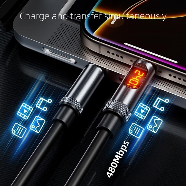 240W USB C to USB C Cord Flexible Silicone PD 3.0 Fast Charging Data Cable with LED Digital Display for iPhone17 16 xiaomi