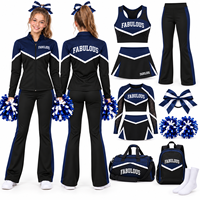 Ensemble d'entraînement de cheerleading anti-choc personnalisé bleu marine et noir, veste à fermeture éclair intégrale et pantalon évasé, imprimé inaltérable pour entraînement d'équipe