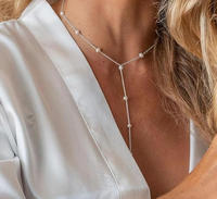 Collier Lariat Sexy Plaqué Or 18K PVD Chaîne 4-4.5mm avec Breloque Perle Blanche Véritable Style Y