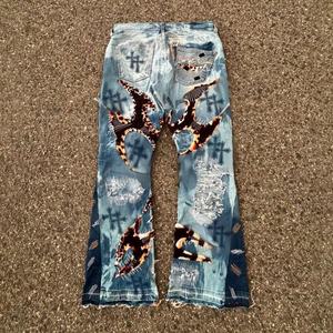 Men's Blue Washed <b>Denim</b> <b>Trousers</b> Distressed Patches Printed Design Straight Style Mid Available Dark Light Colored Wholesale - Product Image 3