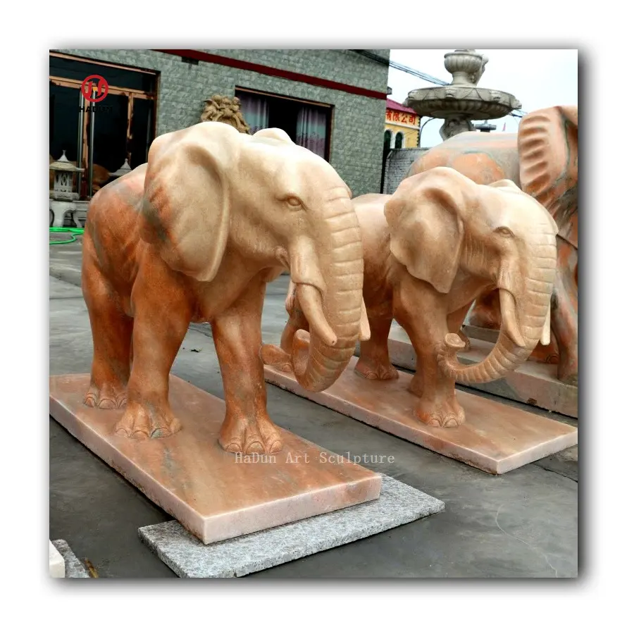 Outdoor Garten Hand Carving Sunset Red Marble Elephant Skulptur