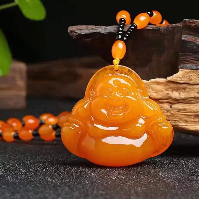 Collana in cera gialla imitazione miele-Buddha dalla pancia grande