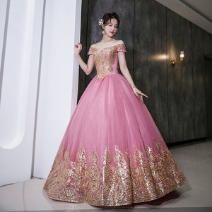 Princess Ball Gown Wedding Dress Sweetheart Neckline Tulle Pink Gold Embroidery Long Evening Gown Women's Formal Wear - Product Image 2