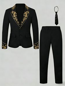 Traje <span class=keywords><strong>de</strong></span> Caballero para Niños, Estilo Barroco, Bordado Dorado, Chaqueta con Solapa <span class=keywords><strong>de</strong></span> Muesca, Pantalones Rectos, Corbata, 3 Piezas, Conjunto para Fiesta - Product Image 6