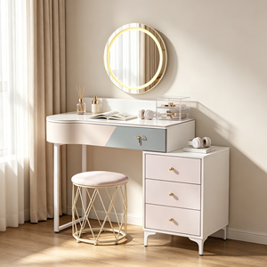 Modern <b>Makeup</b> <b>Vanity</b> With Lighted Round <b>Mirror</b> Storage Drawers Bedroom Dressing Table With Stool - Product Image 4