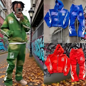 Custom High Quality Hoody Sets Acid Wash Thick Distressed Patch Embroidery <b>Tracksuit</b> Streetwear 2 Piece Sets Men's Hoodies - Product Image 2