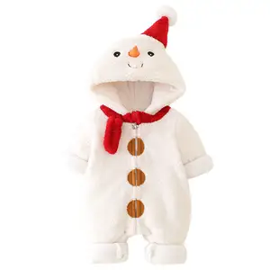 Winter Thickened Baby Bodysuit Coral Plush Cute Snowman Hooded Plush Sweetheart Boys and Girls Cotton Creeper