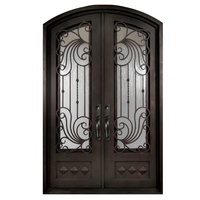 Porte en fer forgé d'art architectural avec insert en verre résistant aux balles, œuvre maîtresse de sécurité d'entrée principale personnalisée