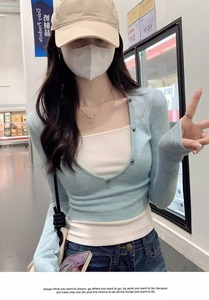 T-shirts à manches longues respirants pour femmes, couleur printemps-automne, col semi-ouvert, finition délavée, bas ajusté, superposé, bleu et <span class=keywords><strong>blanc</strong></span> - Product Image 6
