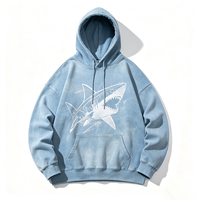 Sweat-shirt à capuche Light Stone Wash avec impression graphique requin Kornit DTG, coupe oversize, poche avant, cordon de serrage, effet vieilli, style streetwear