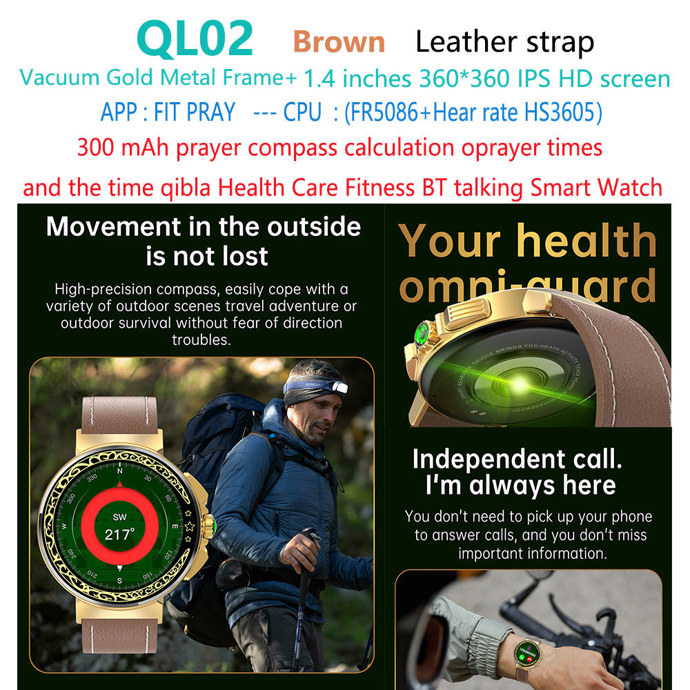 QL02-compass-muslim-qibla-smart-watch bracelet en cuir marron