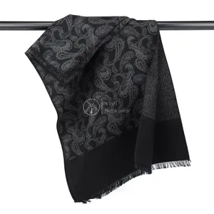 Formal Black Grey Paisley Wave Pattern Silk Brushed Winter Scarves Mens Shabbos Custom Jacquard Scarf