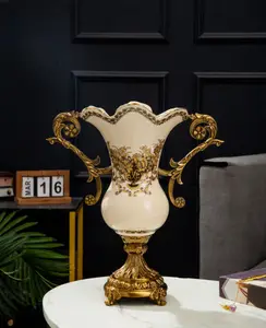 Alta qualità alta e grande fiore dorato decorazione per la casa classico lusso Uzbek wedemouthed vaso in ceramica arredamento antico