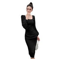 Robe pour femme à col carré plissé à la taille et manches longues, nouvelle collection printemps, tendance