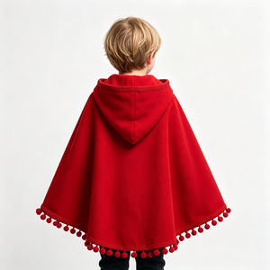 <span class=keywords><strong>Capa</strong></span> con Capucha para Niños, Color Rojo Sólido, con Adorno de Pompones, Disfraz de <span class=keywords><strong>Caperucita</strong></span> <span class=keywords><strong>Roja</strong></span> - Product Image 3