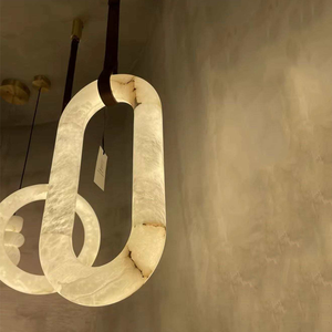 Lampada da <span class=keywords><strong>soffitto</strong></span> rotonda in marmo con anello in pelle marrone e lampada da <span class=keywords><strong>terra</strong></span> in tessuto con piastra ovale in travertino - Product Image 4