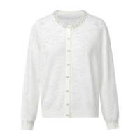 Cardigan élégant en tricot jacquard pour femme, orné de strass et de perles, col rond, boutons perlés, manches longues, léger, blanc, en tricot fin