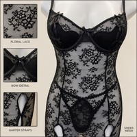 Set Lingerie Dua Potong Wanita, Gaun Tidur Transparan Berenda Bunga Hitam dengan Thong Senada