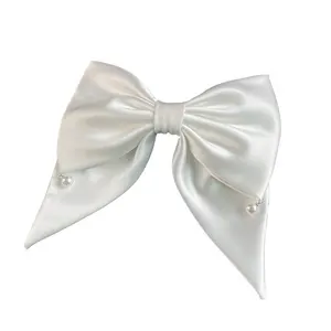 Women Hair Accessories Colorful Bowknot Bridal Fabric White Satin Clip Bow Pearl Wedding Hair Bow