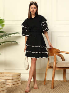 Women's Solid Knee Length Shirt <b>With</b> Skirt Cord Set For Women Cotton <b>Jumpsuits</b> Western Dress for Women Stylish Latest Two Piece - Product Image 1