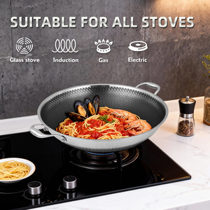 <span class=keywords><strong>Wok</strong></span> Grande Antiadherente de Acero Inoxidable 316 de Triple Capa, Fondo Plano, Doble Cara con Diseño de Panal de Abeja, para Cocina de Gas e Inducción - Product Image 4