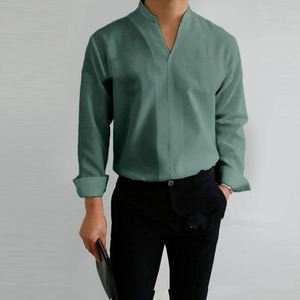Chemises d'automne pour hommes à manches longues, décontractées et élégantes, pour le travail et les affaires, couleurs unies, col montant, coupe ajustée - Product Image 4