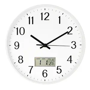 מכירה לוהטת צורה עגולה לבן פלסטיק מסגרת קוורץ שקט שעון קיר בית שימוש דיגיטלי לוח שנה מדחום שעון קיר