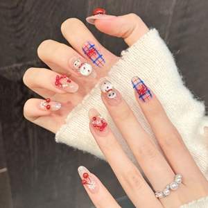 [Decoración de Nieve de Cereza] Uñas Postizas de Dibujos Animados con Diseño de Muñeco de Nieve de Cereza, Uñas Cortas, Lindas y <span class=keywords><strong>Divertidas</strong></span>, con Diseño de Cuadrícula y Lazo - Product Image 4