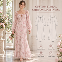 Robe longue OEM pour femme en mousseline de soie à imprimé floral, col carré, avec nœud sur le devant, manches longues bouffantes et poignets à volants, ajustée, pour occasions spéciales