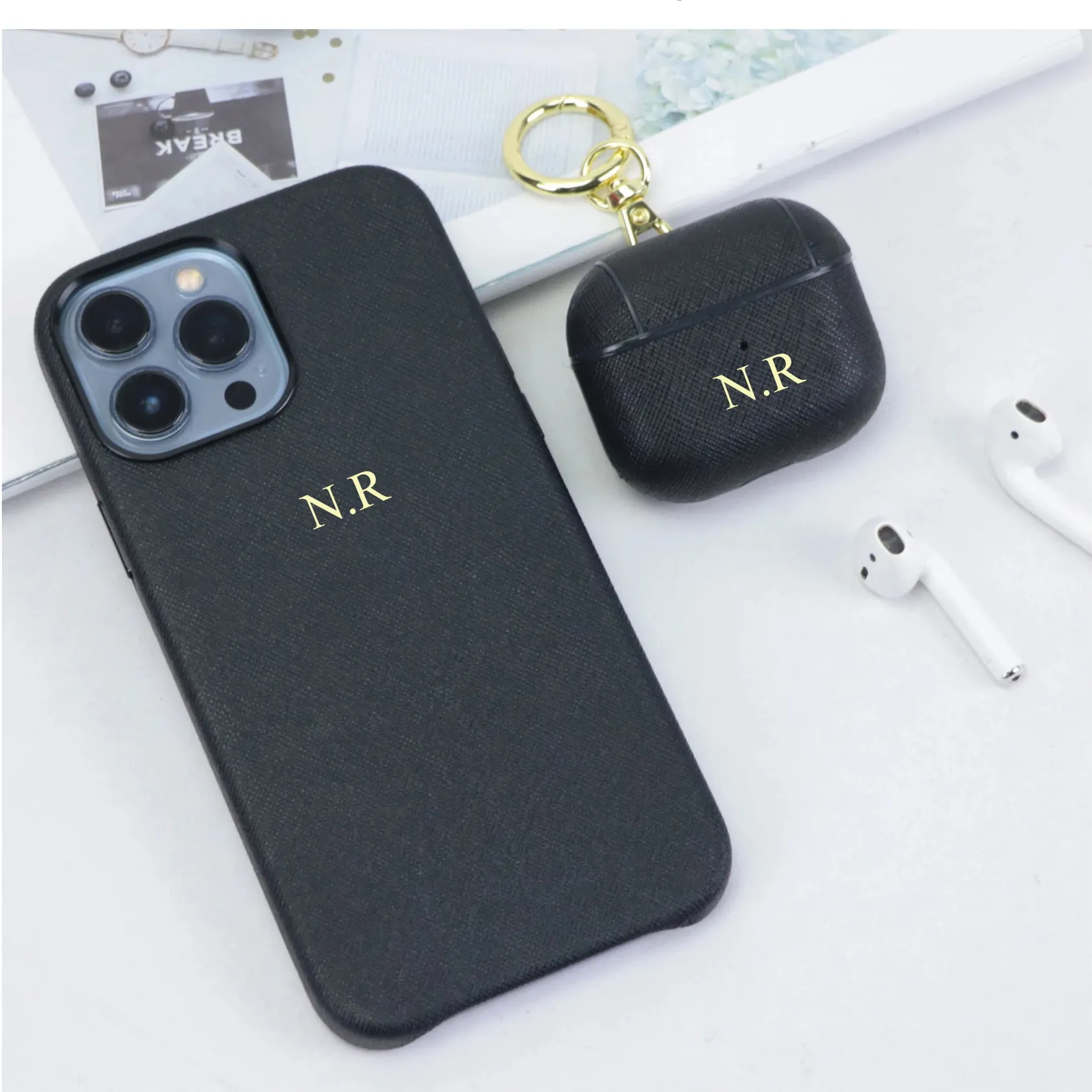 Customized Matched Gift Set For Airpods 1/2/3/Pro Case Keychain Saffiano Leather Mobile Phone Case for iphone